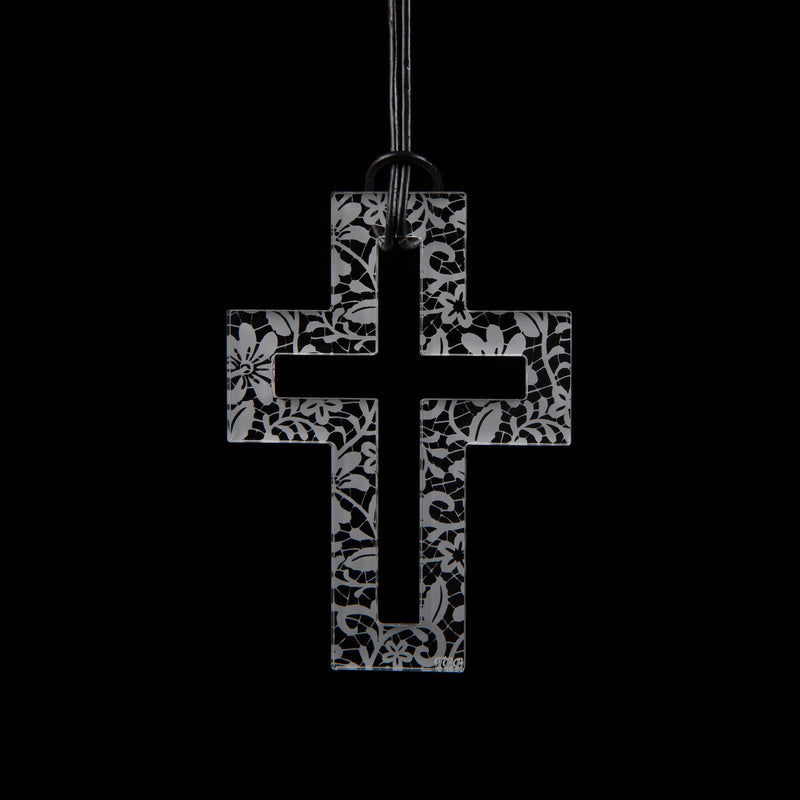 Large Clear Lace Etched Cross Necklace