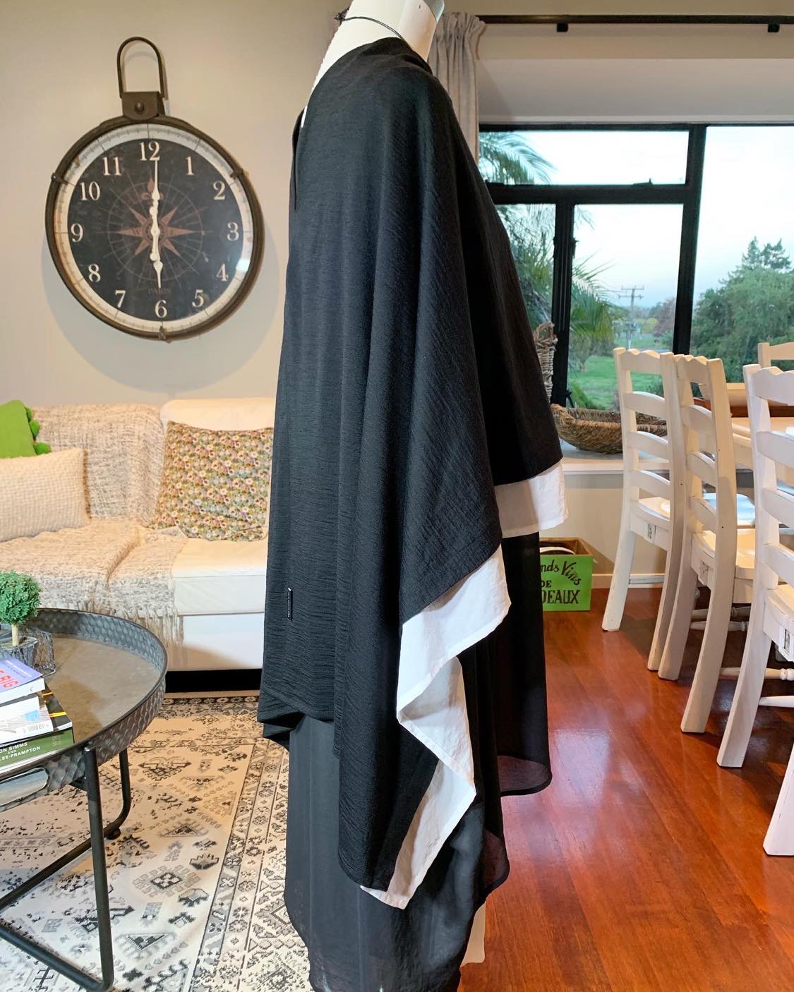 Merino Overlay - Black Merino with White Chiffon Border - OSFA