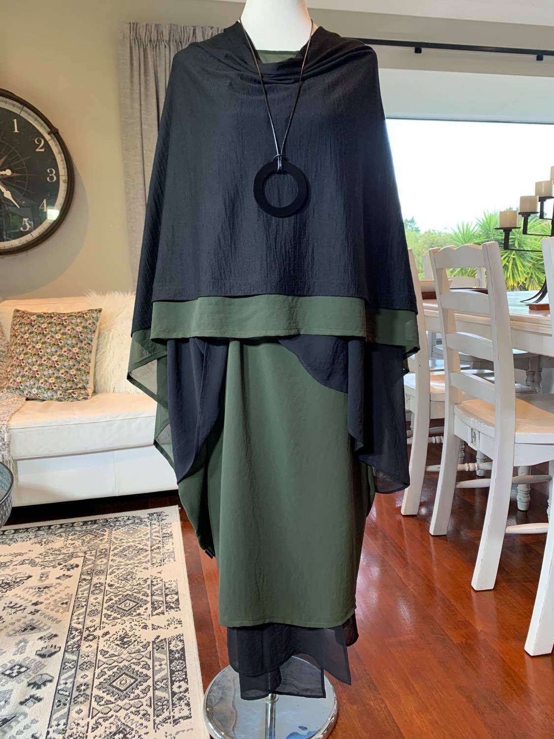Merino Overlay - Black Merino with Artillery Green Chiffon Border - OSFA