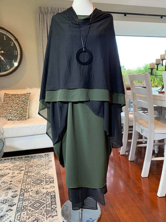 Merino Overlay - Black Merino with Artillery Green Chiffon Border - OSFA