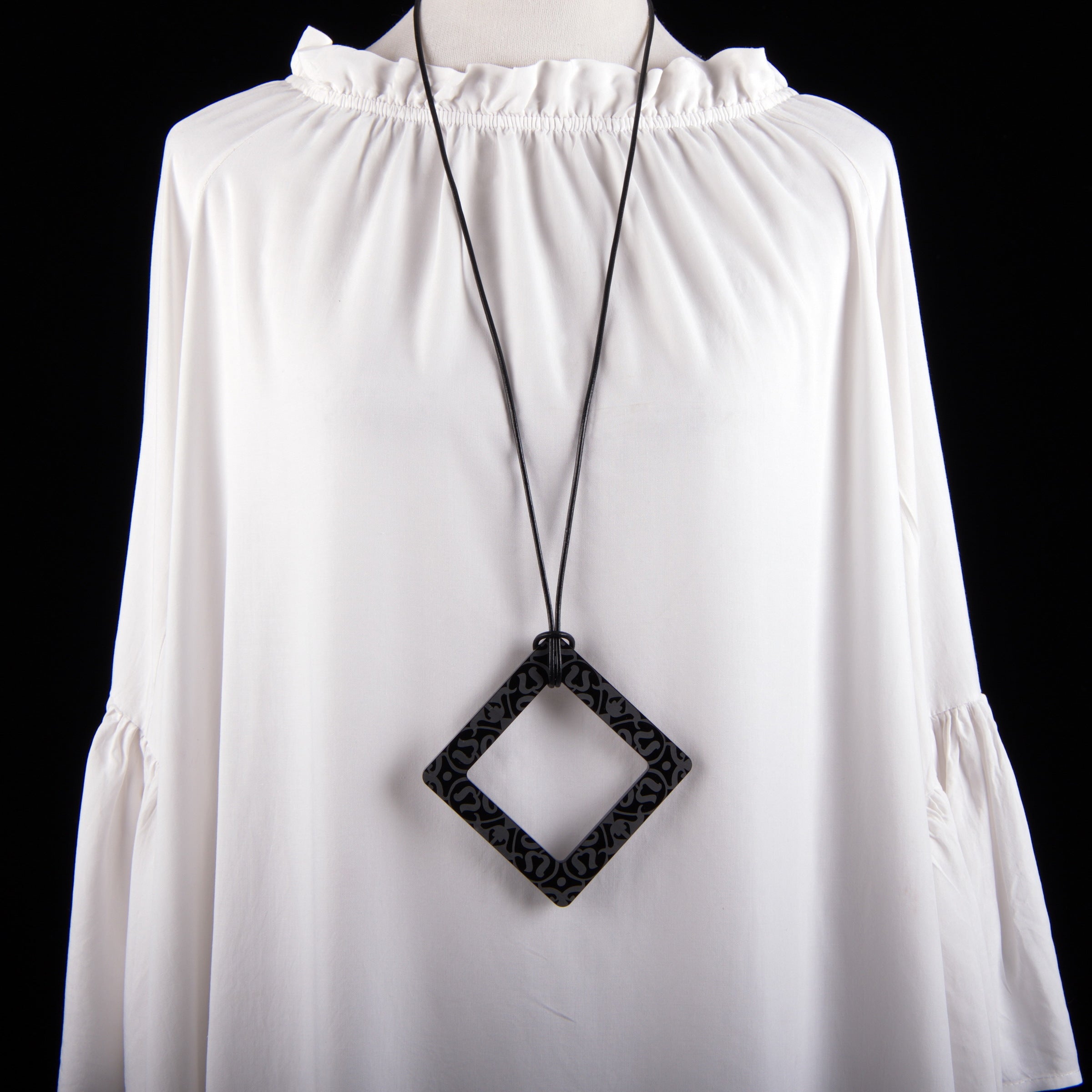 Large Black Etched Square Necklace
