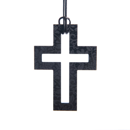 Large Black Lace Etched Cross Necklace