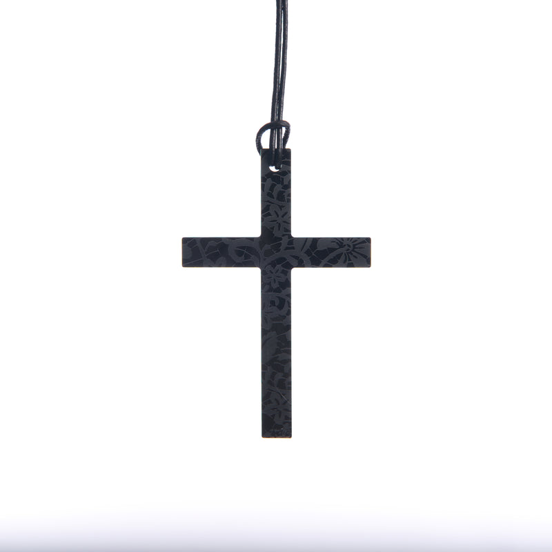 Small Black Lace Etched Cross Necklace