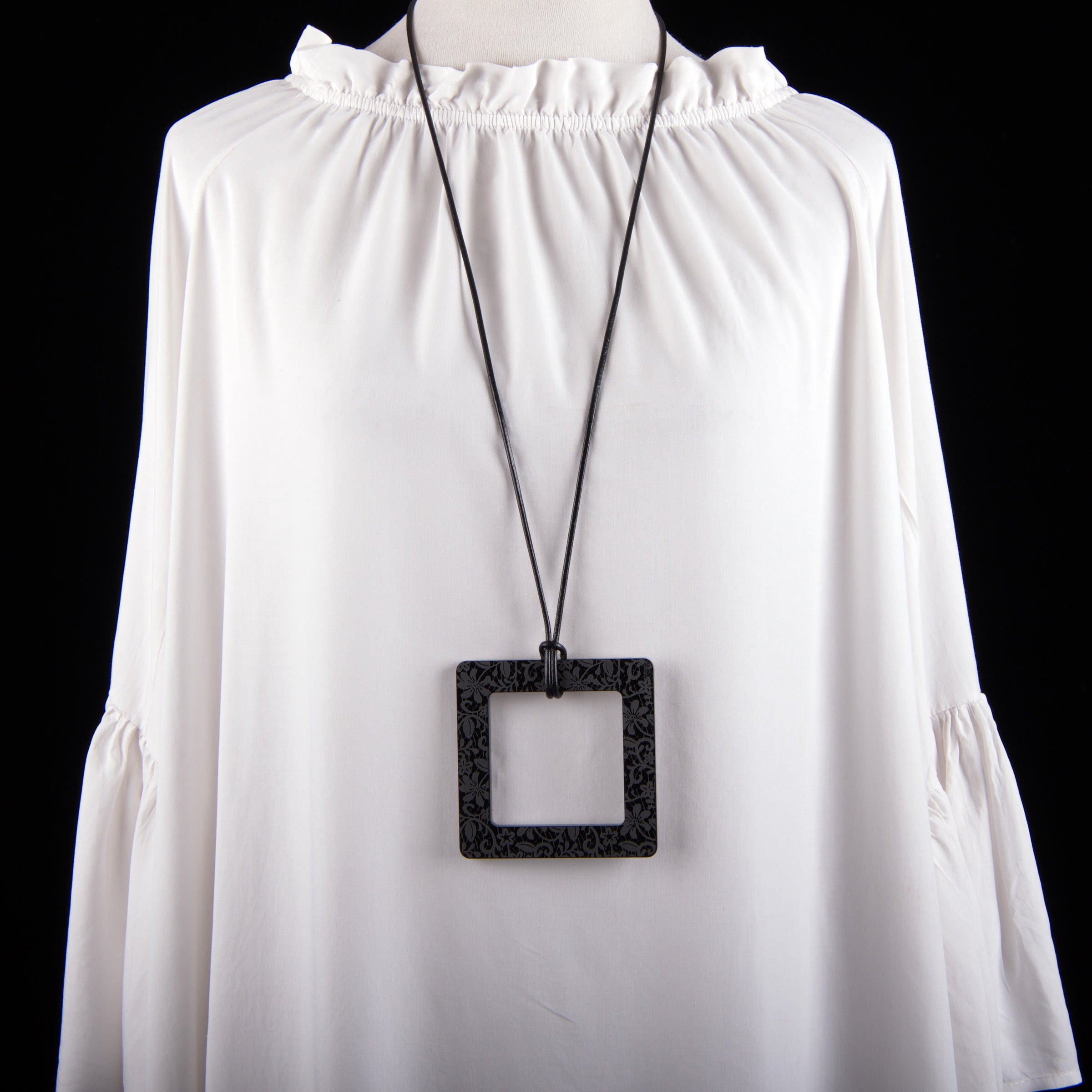 Large Black Lace Etched Square Necklace