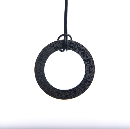 Large Black Lace Etched Circle Necklace