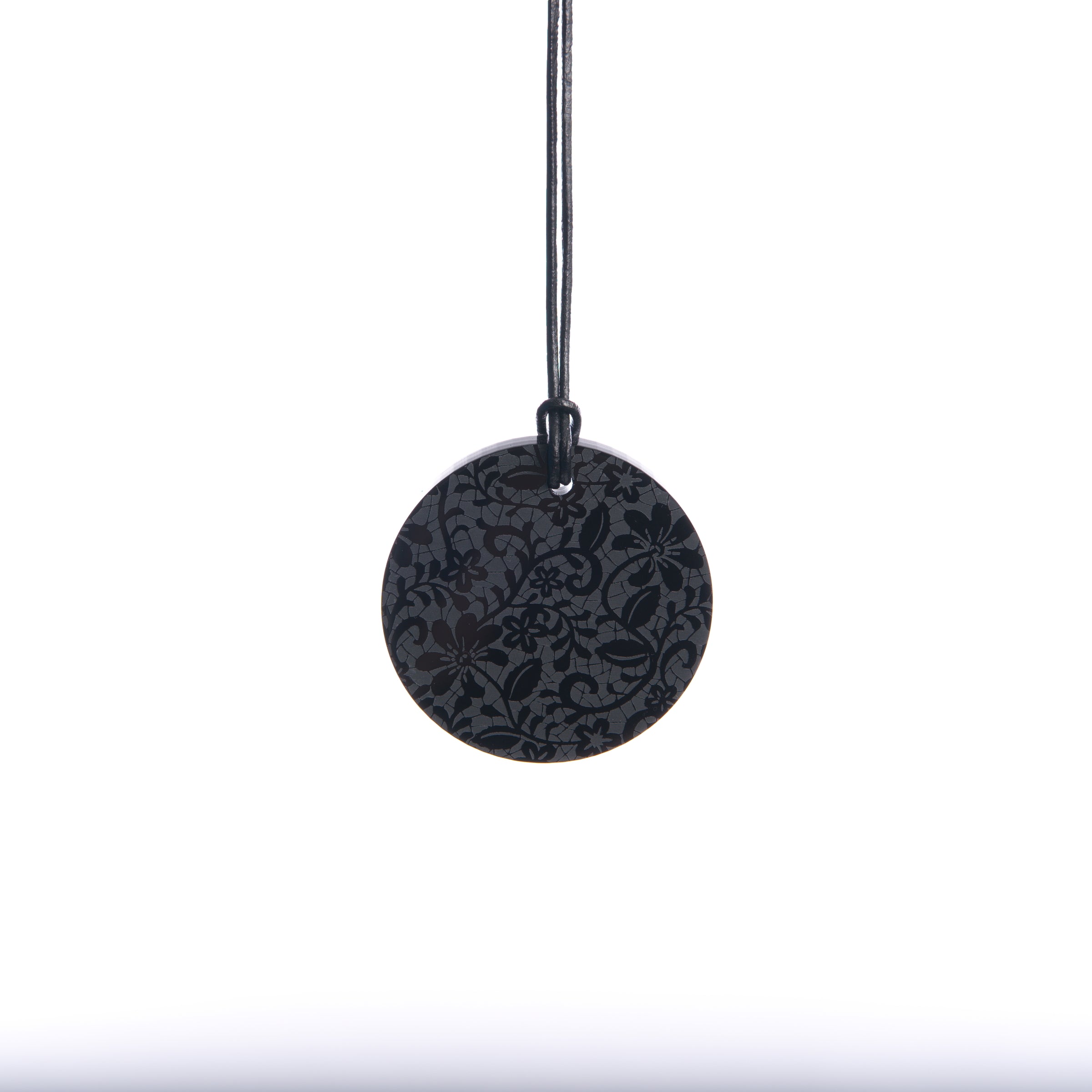 Small Black Lace Etched Circle Necklace