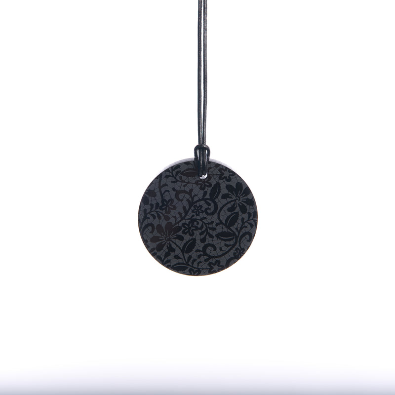 Small Black Lace Etched Circle Necklace