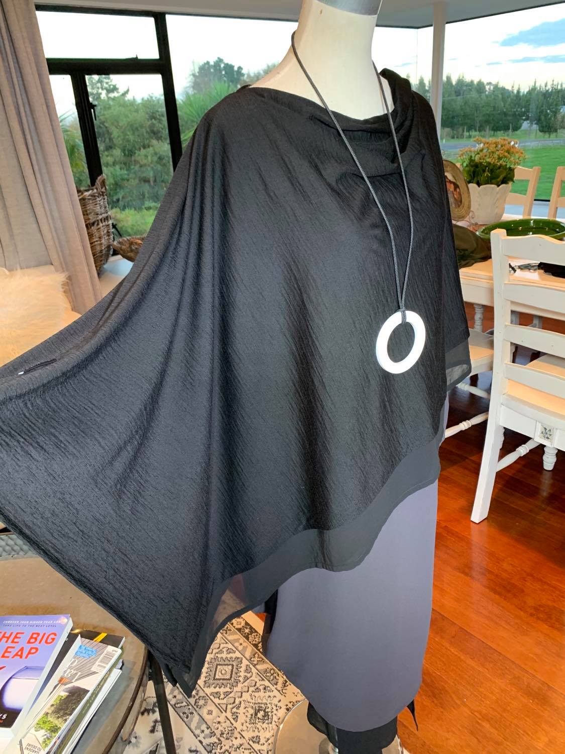 Merino Overlay - Black Merino with Black Chiffon Border - OSFA