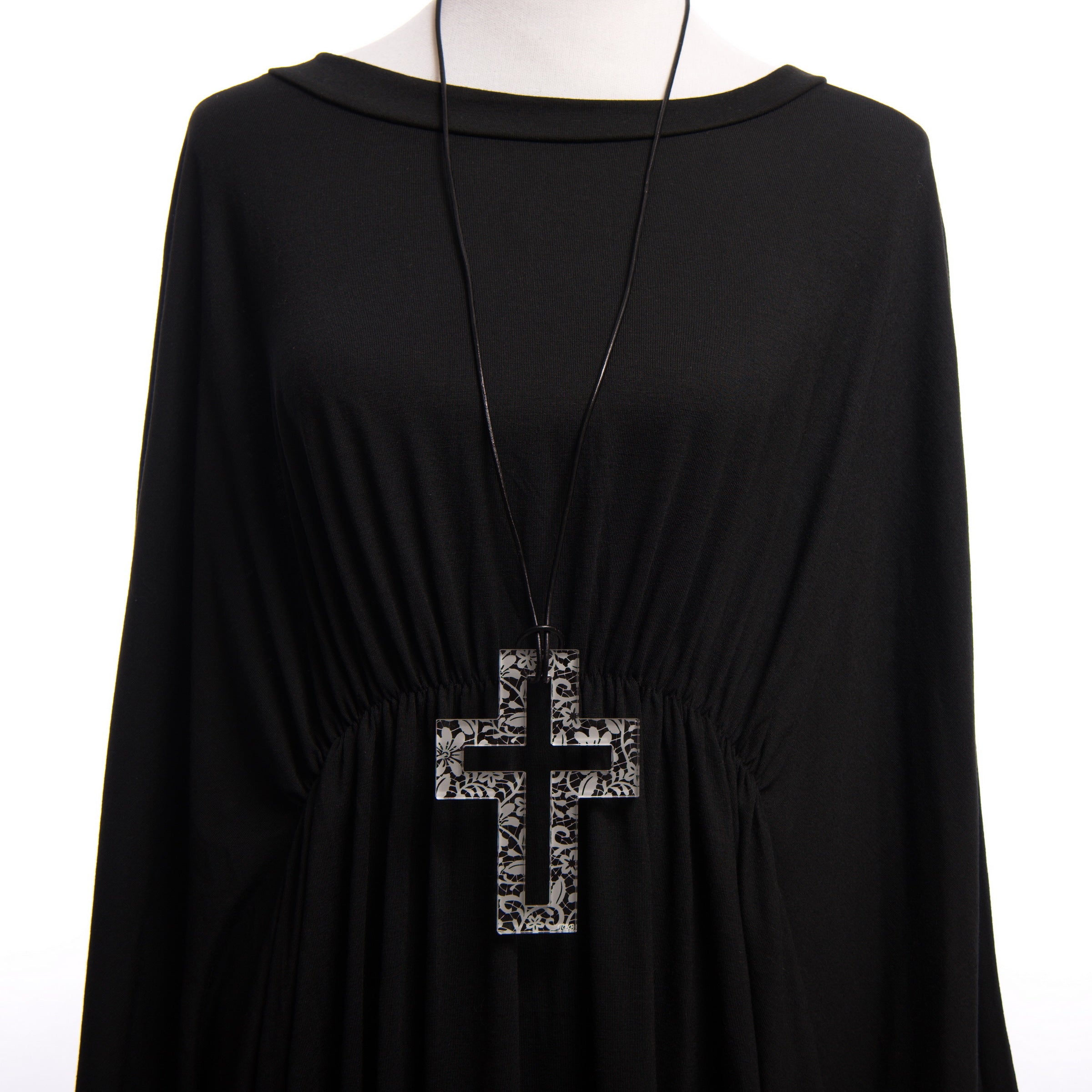Large Clear Lace Etched Cross Necklace