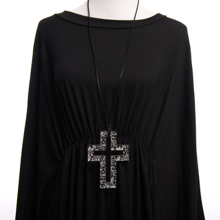 Large Clear Lace Etched Cross Necklace