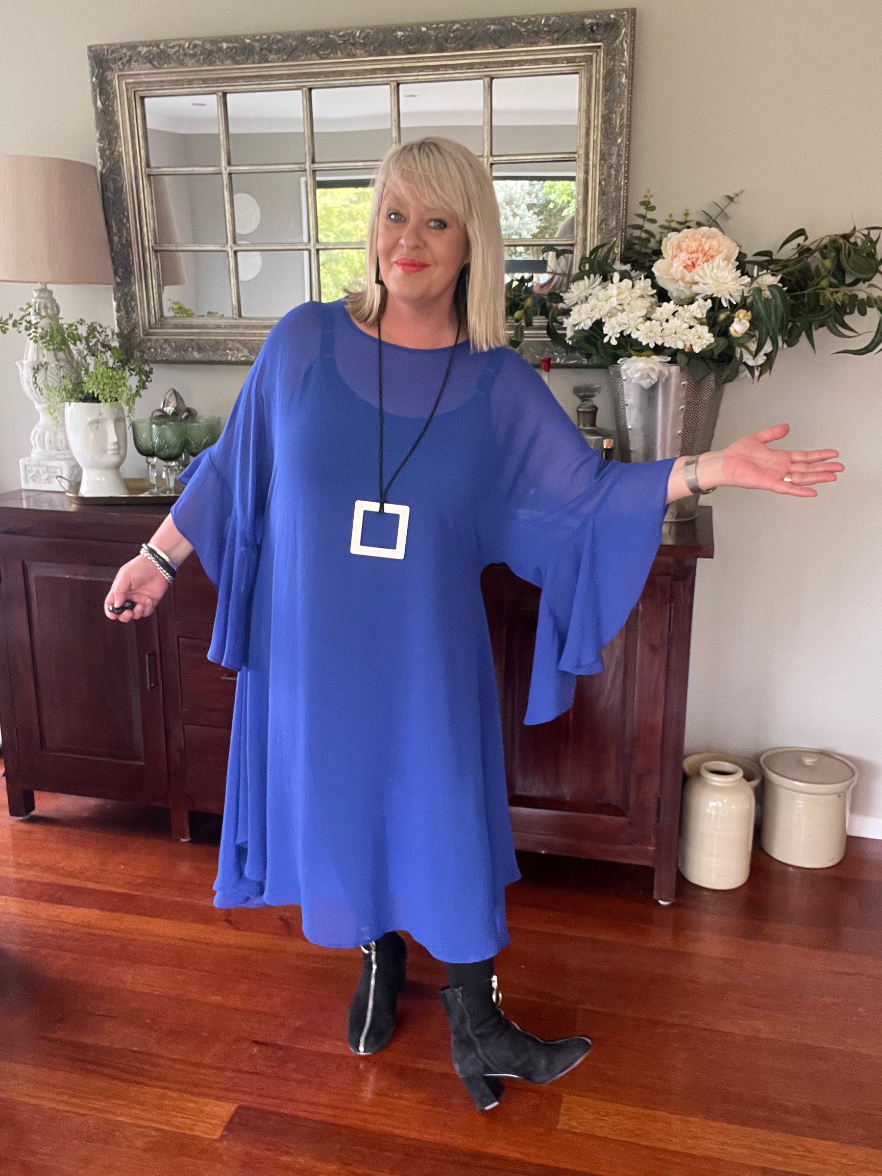 chiffon dress nz 100 Percent Pure Silk Ivory Silk Chiffon Dress: Handmade Pleated Butterfly Sleeve Midi