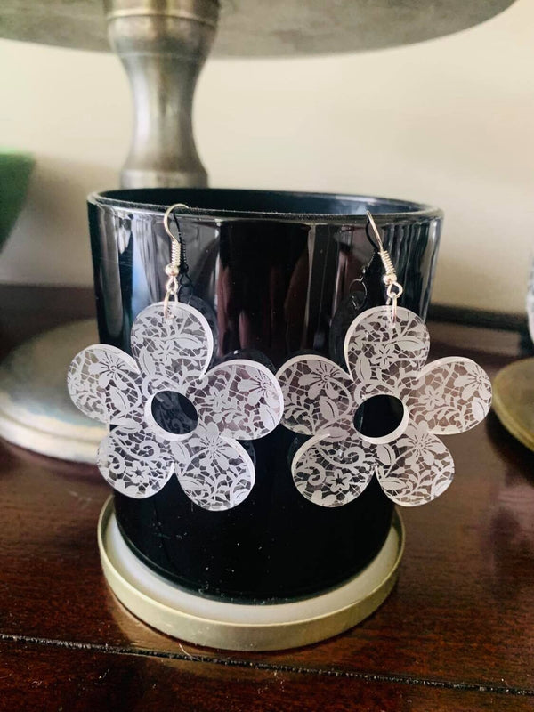 Solid Clear Lace Etched Daisy Earrings