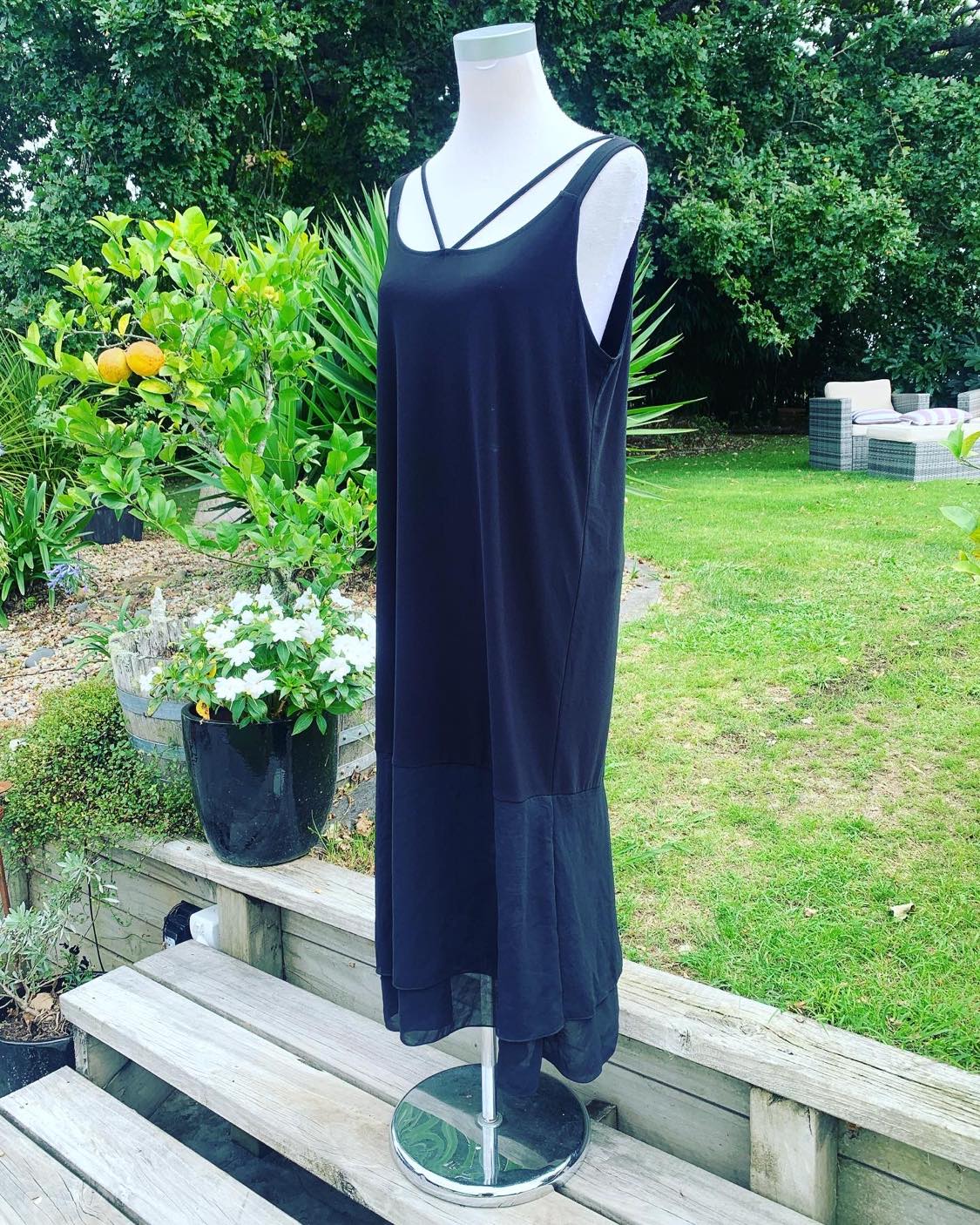 Layering Singlet, Longline with a Double Layer Georgette Skirt, band detail at the neckline - Black,  Essential Basics by Cashews 8-24