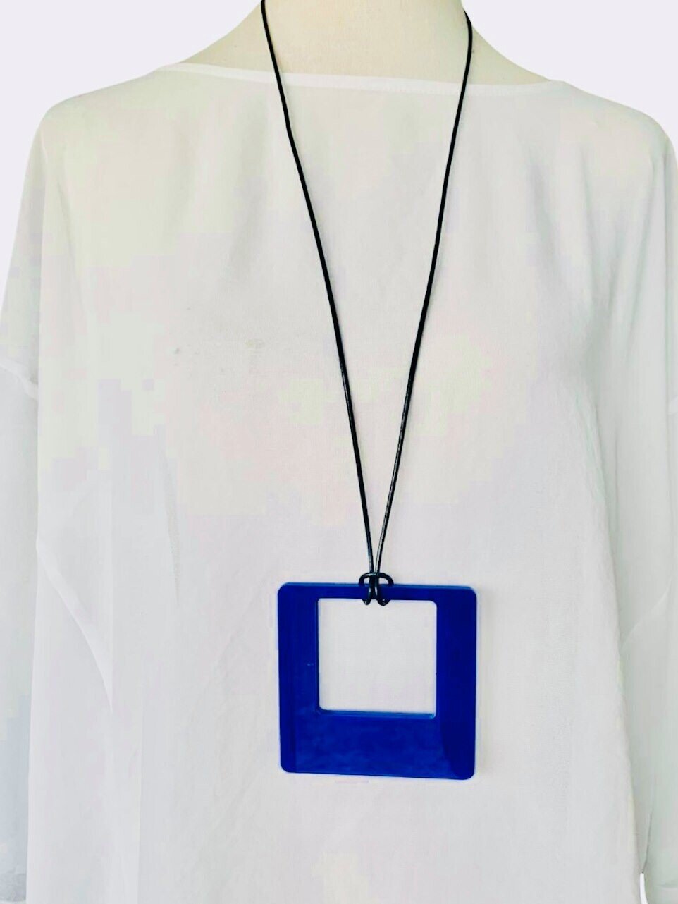 Large Cobalt Blue Retro Square Necklace
