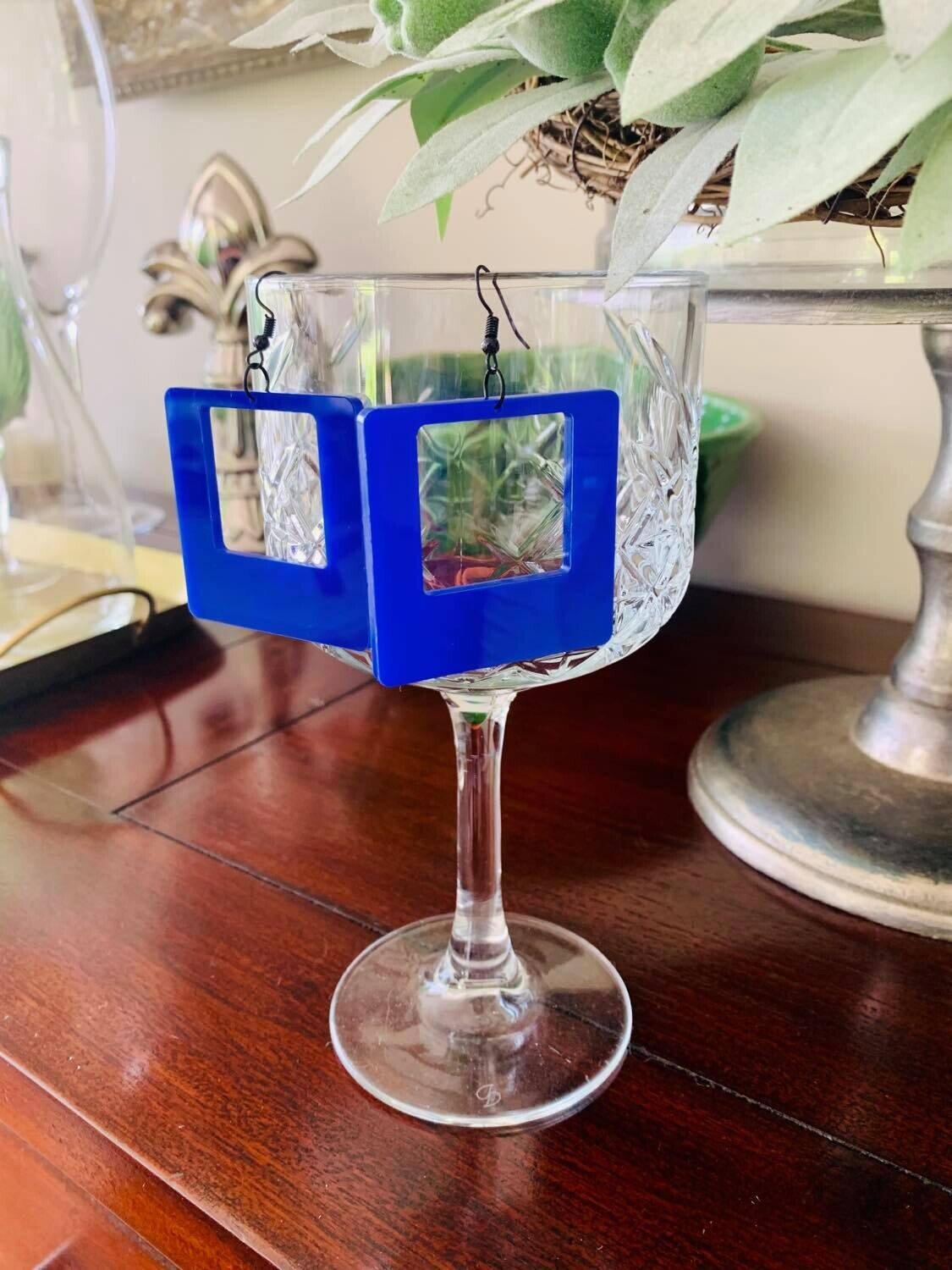 Large Cobalt Blue Retro Square Earrings