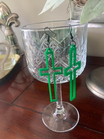 Green Open Cross Earrings