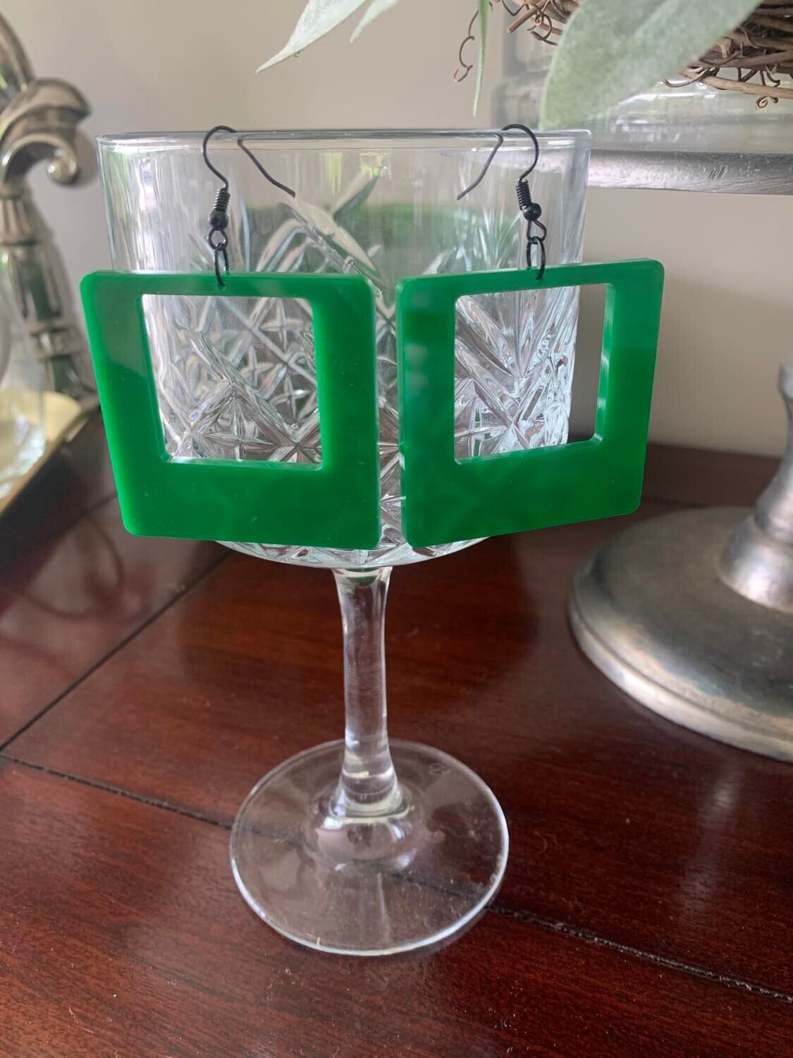 Large Green Retro Square Earrings