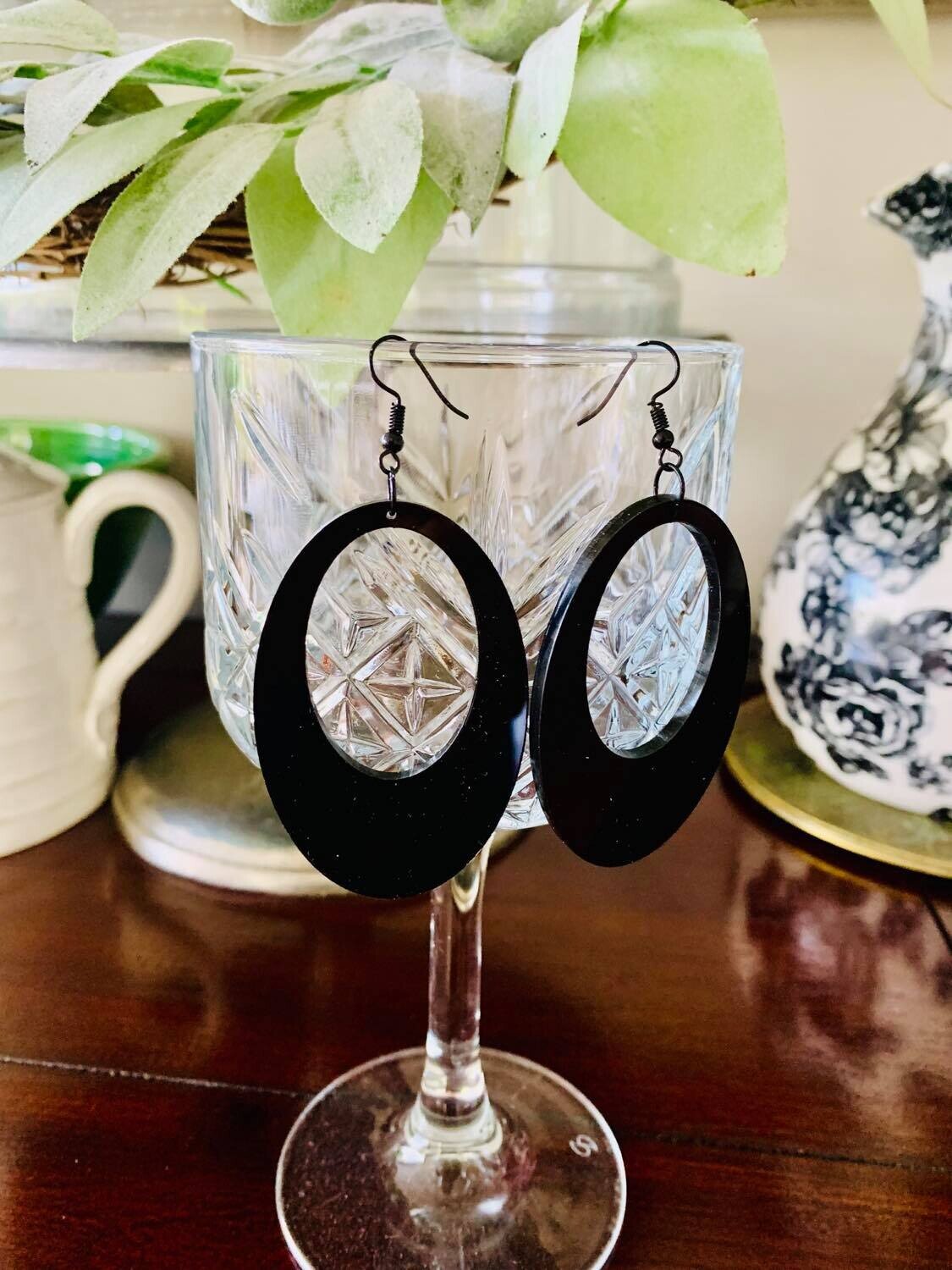 Large Black Retro Oval Earrings