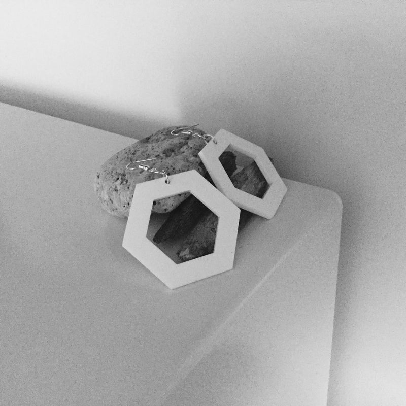White Open Hexagon Earrings